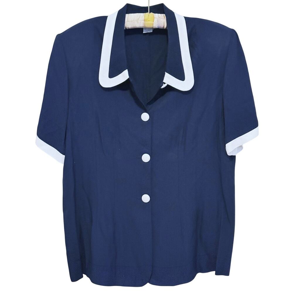 Vintage Decades Nautical Button Up Peter Pan Collar Blouse 16W Navy Blue Mod 60s
